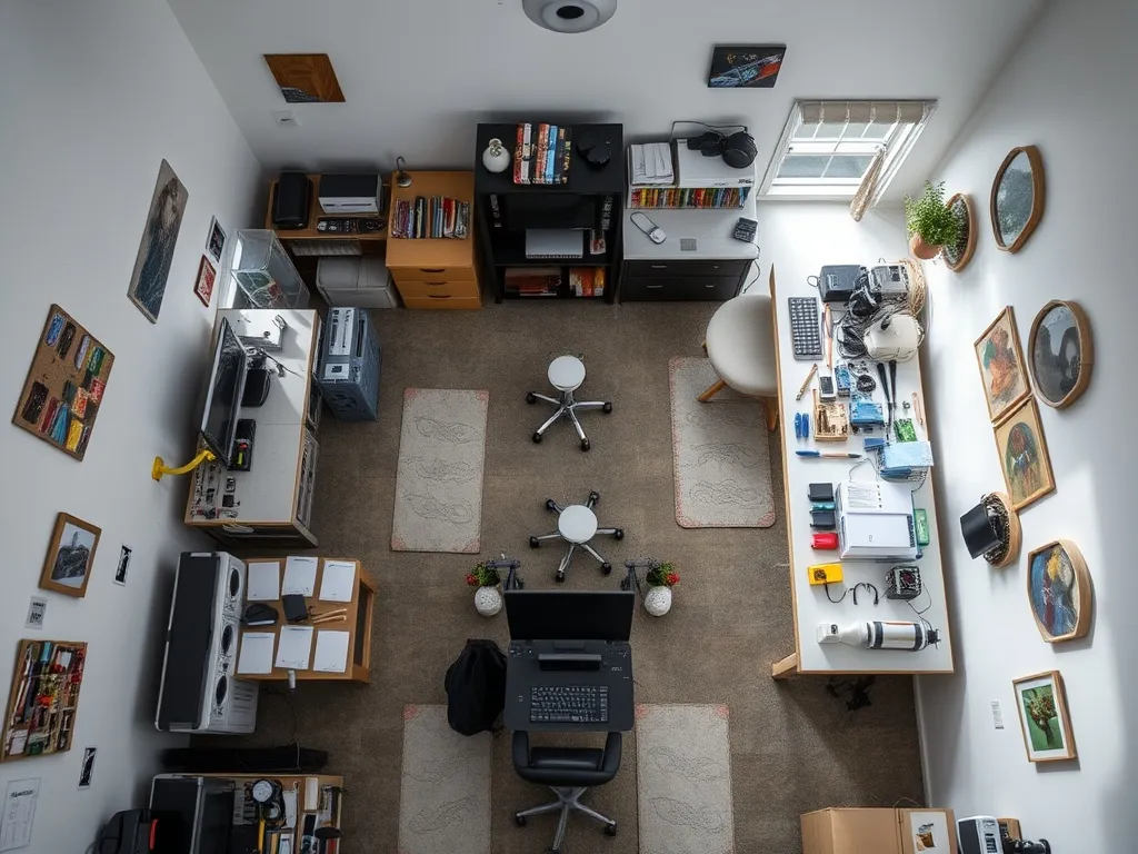 Studio-style hobby space with open shelving
